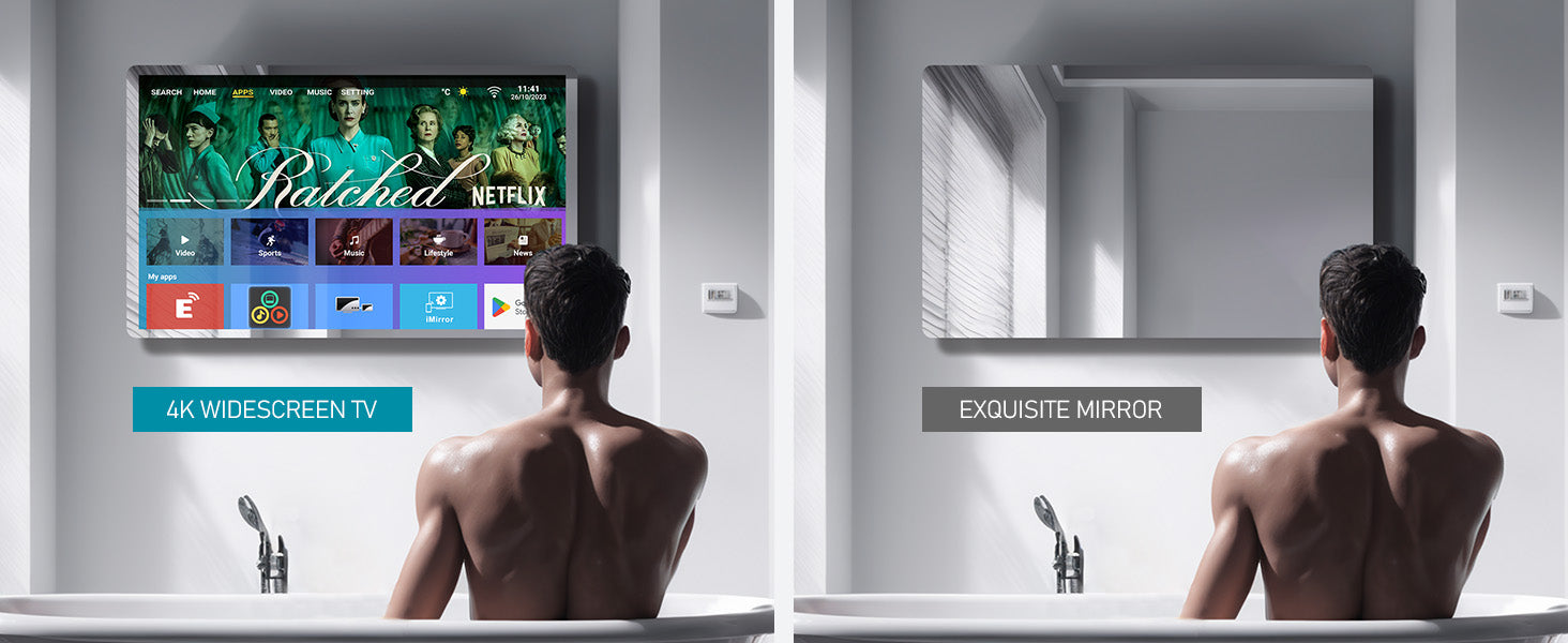 Video laden: Leotachi 32&quot; Smart Bathroom Mirror TV 4K Ultra HD, Waterproof, Android TV, Voice Remote, ATSC Tuner