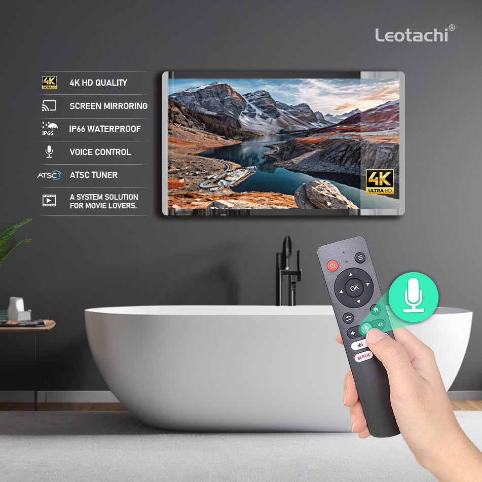 (Sale)4K Ultra HD 32-inch High-end Bathroom Mirror TV IP66 Waterproof Android TV Supports Voice Remote Control Google Assistant, Built-in ATSC Tuner, HDMI (ARC), SPDIF (LEOSMDKR-32)