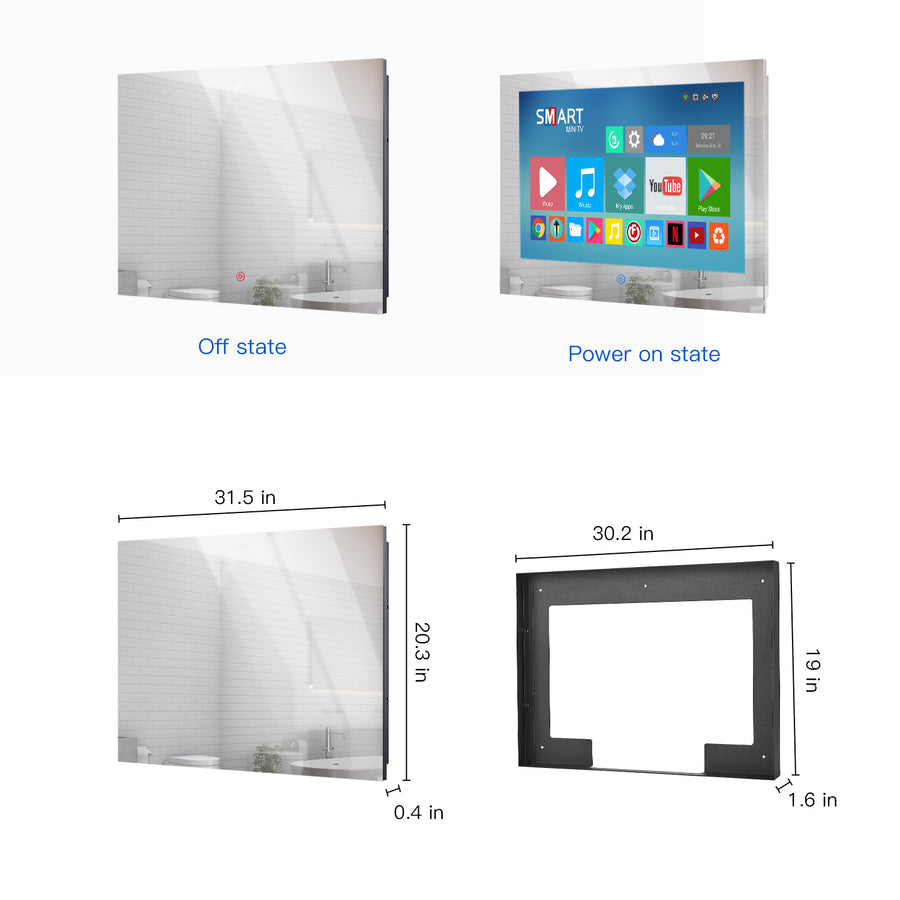 Badezimmerspiegelfernseher mit Smart-Touchscreen, 32 Zoll, IP66 wasserdicht, kleiner Android 11.0-Fernseher für die Dusche, integrierter ATSC-Tuner, WLAN, Bluetooth (LEHG320BM-M)