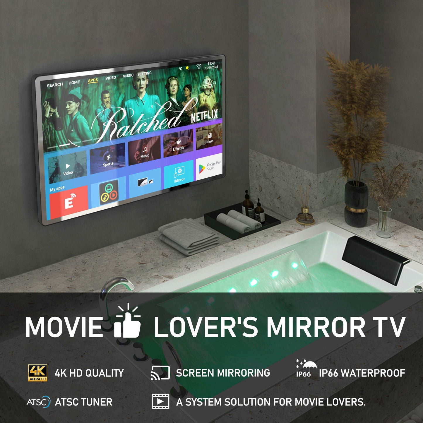 (Sale)4K Ultra HD 32-inch High-end Bathroom Mirror TV IP66 Waterproof Android TV Supports Voice Remote Control Google Assistant, Built-in ATSC Tuner, HDMI (ARC), SPDIF (LEOSMDKR-32)