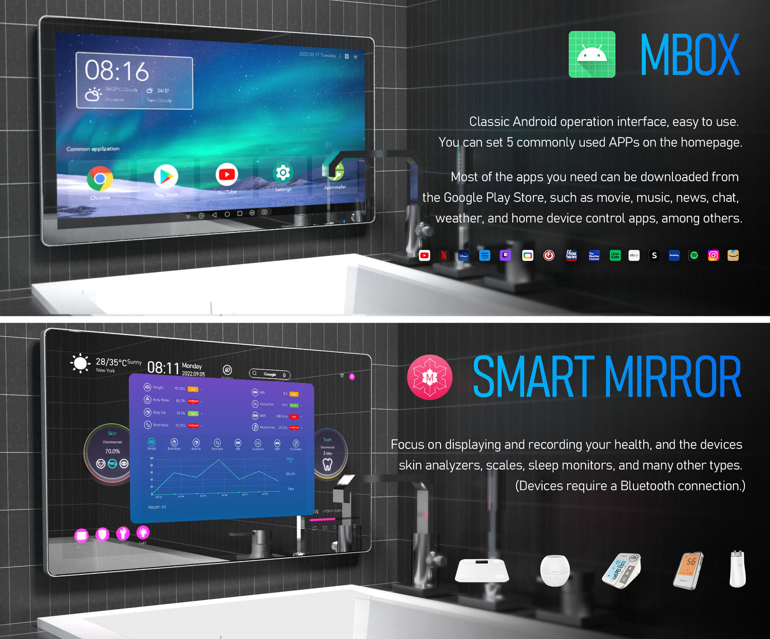 Baño con pantalla táctil TV de 21,5 pulgadas TV con espejo inteligente –  leotachi