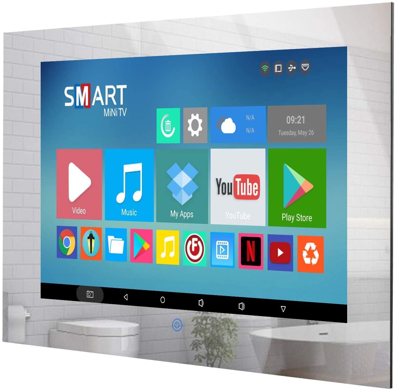 Kleiner 19-Zoll-Badezimmerspiegelfernseher, IP66, wasserdicht, intelligenter Android 11.0-Fernseher, LED, 1080P, integrierter ATSC-Tuner, WLAN, Bluetooth (LEHG190BM-M)