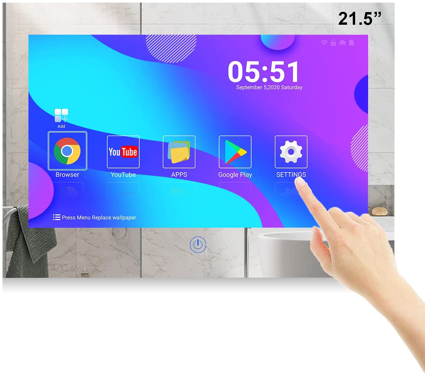 Baño con pantalla táctil TV de 21,5 pulgadas TV con espejo inteligente a prueba de agua Televisor LED Full-HD 1080P con sistema Android 11.0 Sintonizador HDTV (ATSC) incorporado, Bluetooth, Wi-Fi, Screencast (LEHG215BM-M)