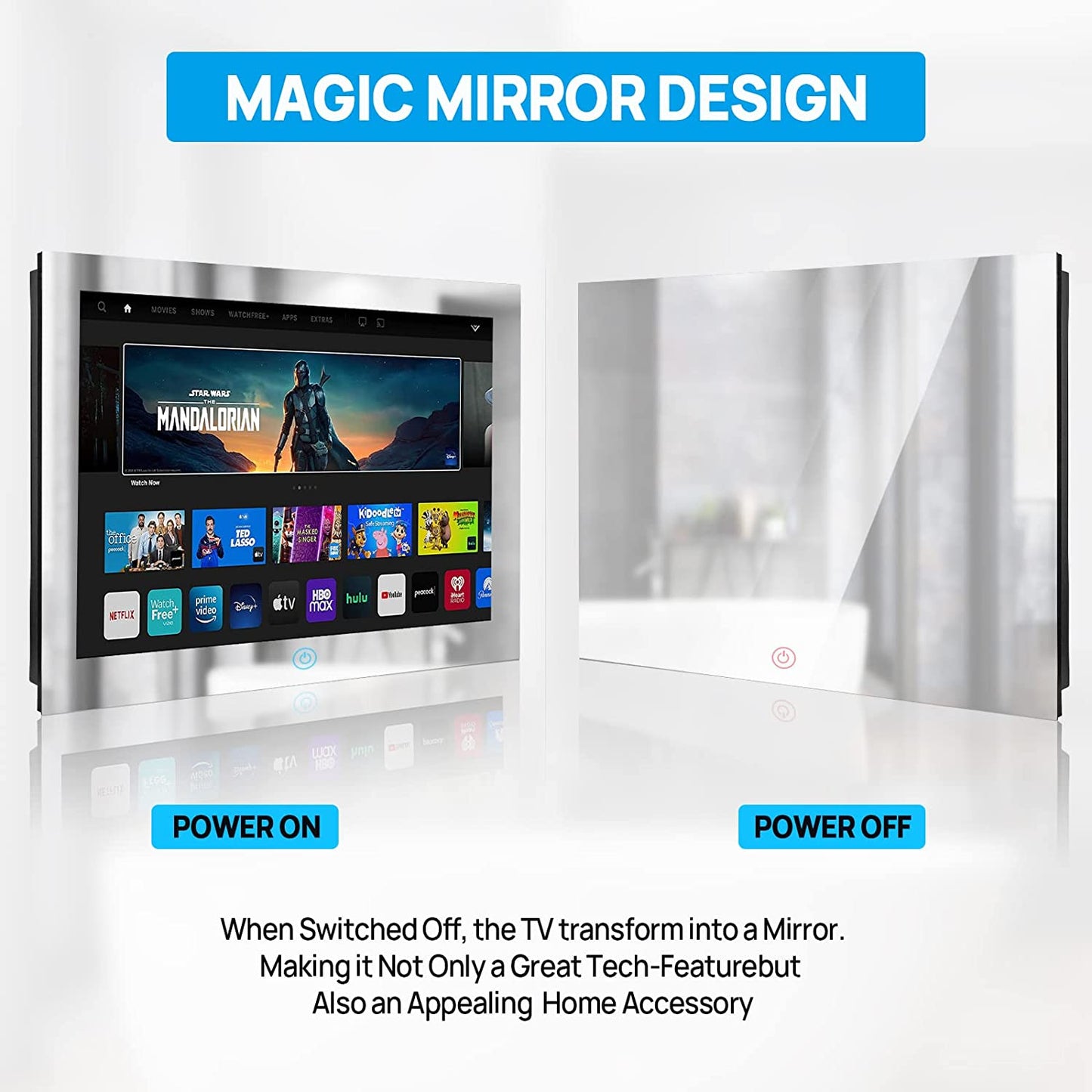 Bathroom Mirror 27-inch TV with Touchscreen IP66 Waterproof Smart Android 11.0 Television Full HD 1080P Built-in ATSC Tuner Wi-Fi Bluetooth (Touch Control, Mirrored Frame)(LEHG270BM-M)