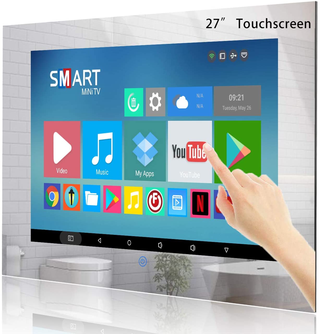 Badezimmerspiegel 27-Zoll-Fernseher mit Touchscreen, IP66 wasserdicht, intelligenter Android 11.0-Fernseher, Full HD 1080P, integrierter ATSC-Tuner, WLAN, Bluetooth (Touch-Steuerung, verspiegelter Rahmen) (LEHG270BM-M)